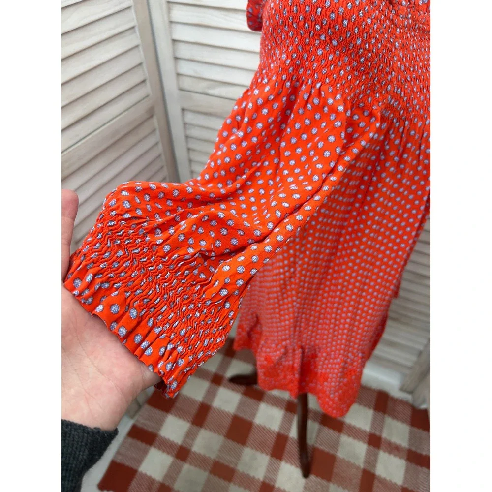 Tory Burch Off the Shoulder Dress Size XS Orange Polka Dot Shirred Ruched Ruffle